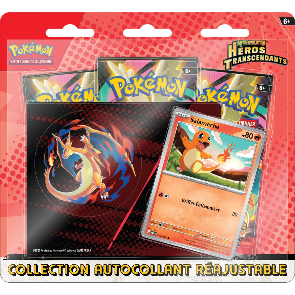 Tripack Pokémon Héros Transcendants ME2.5 version française — 3 boosters, carte promo brillante Salamèche et autocollant réajustable