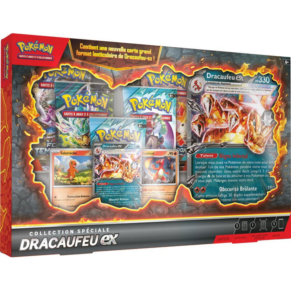 Coffret Pokémon Collection Spéciale Dracaufeu-ex version française — 5 boosters, carte promo texturée et 2 cartes SIR Salamèche et Reptincel