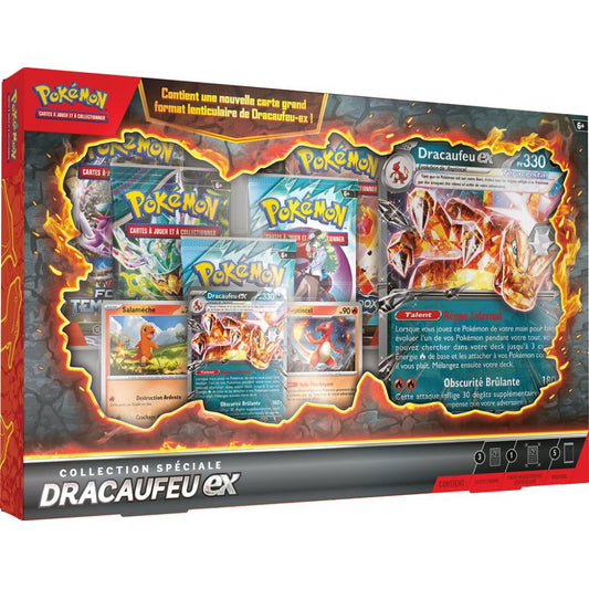 Coffret Pokémon Collection Spéciale Dracaufeu-ex version française — 5 boosters, carte promo texturée et 2 cartes SIR Salamèche et Reptincel