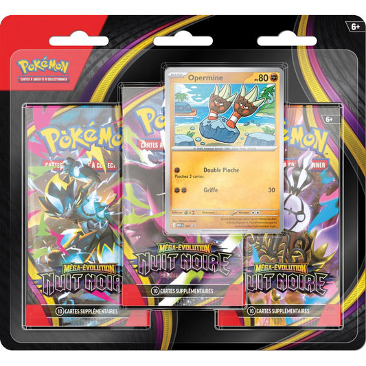 Tripack Pokémon Nuit Noire ME05 version française — 3 boosters et carte promo brillante Opermine MEP 087