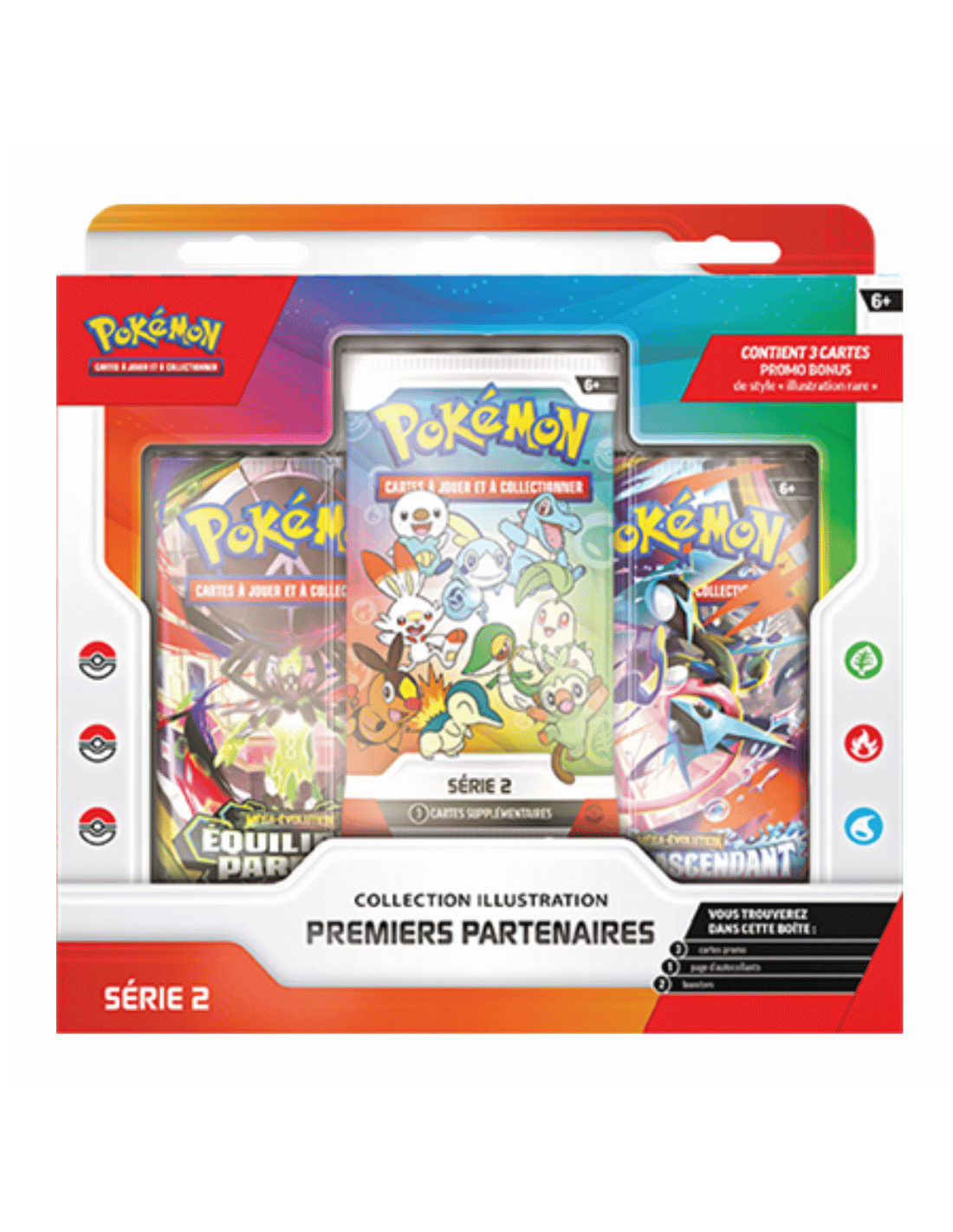 Coffret Pokémon Premiers Partenaires Série 2 vue de face avec contenu — 2 boosters Méga-Évolution et booster promo