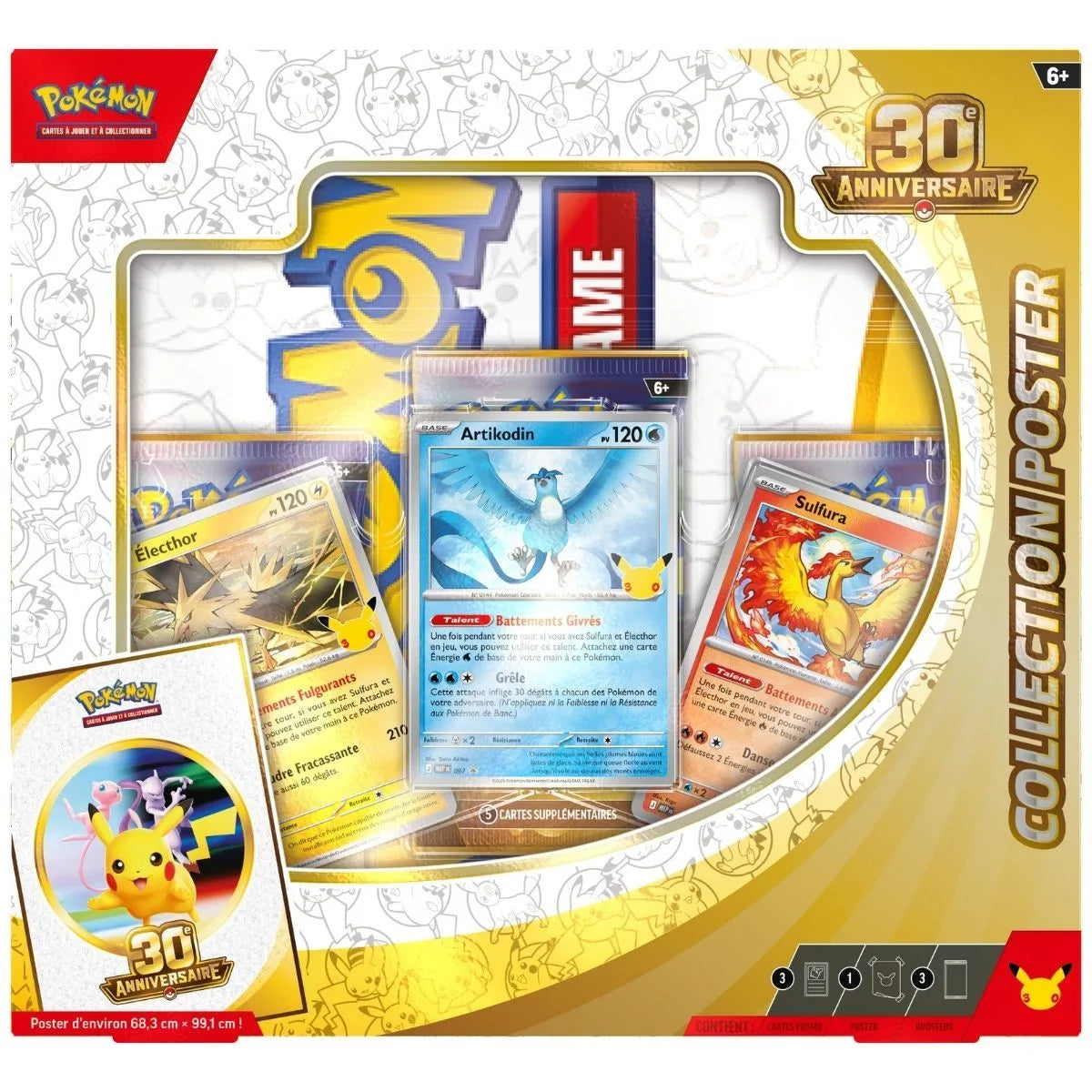 Collection Poster Pokémon 30e Anniversaire ME05.5 - 3 Boosters + 3 Cartes Promo Oiseaux Légendaires - Français