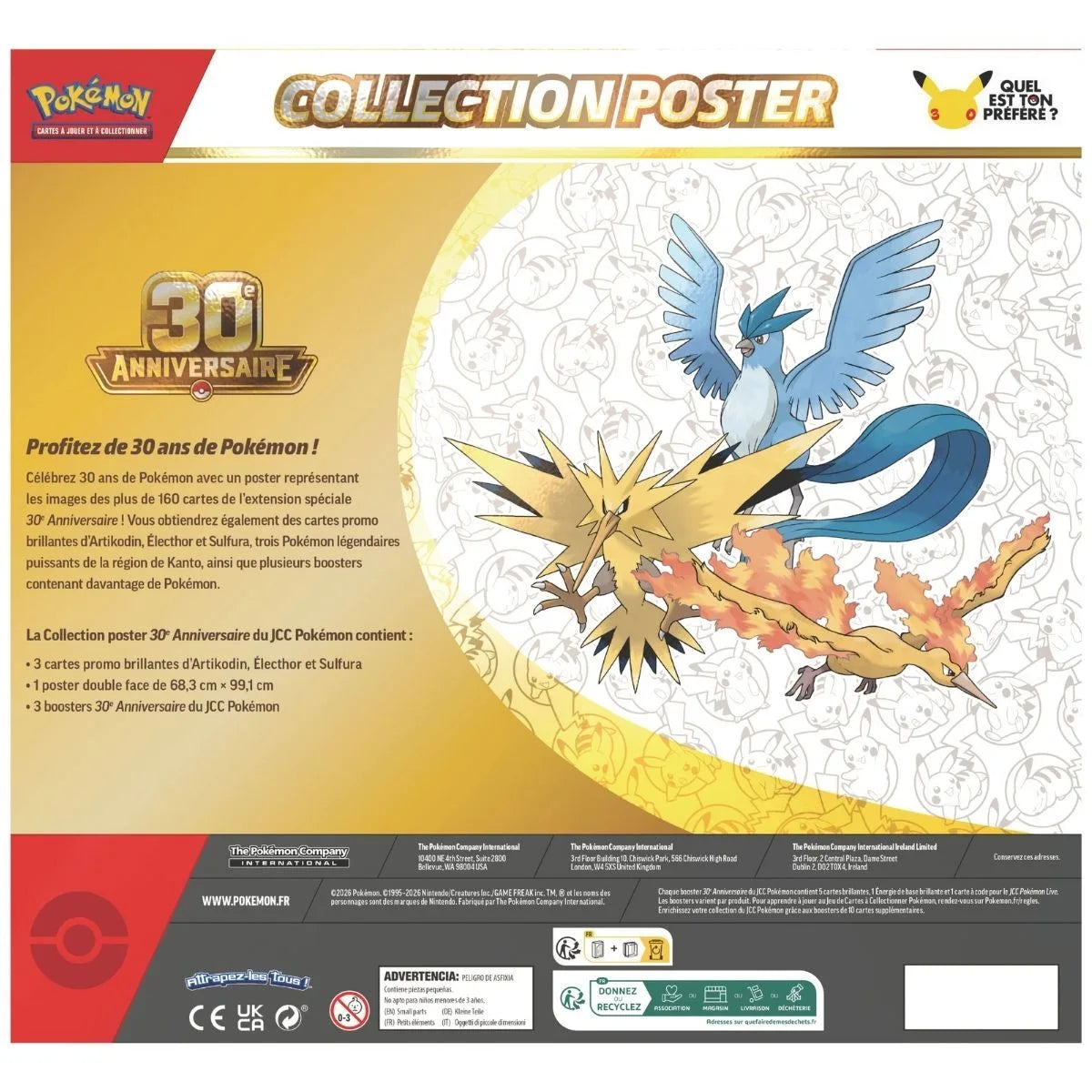 Collection Poster Pokémon 30e Anniversaire ME05.5 - 3 Boosters + 3 Cartes Promo Oiseaux Légendaires - Français