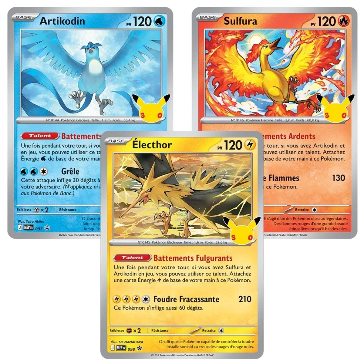 Collection Poster Pokémon 30e Anniversaire ME05.5 - 3 Boosters + 3 Cartes Promo Oiseaux Légendaires - Français